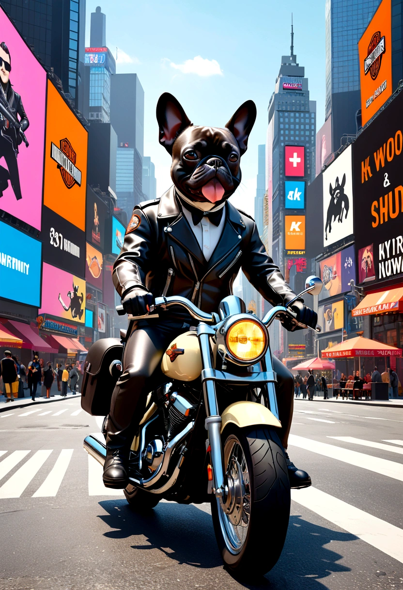 （Highest quality，4K，8k，High resolution，）Times Square at noon、Infinity symbol，3D Model，Colorful colors，Landscape Background、pop、From the central viewer&#39;Perspective、Street fashion style Harley Davidson rider full body skin color、Light grey French bulldog、Multiple French Bulldog Bike Buddies。Very delicate