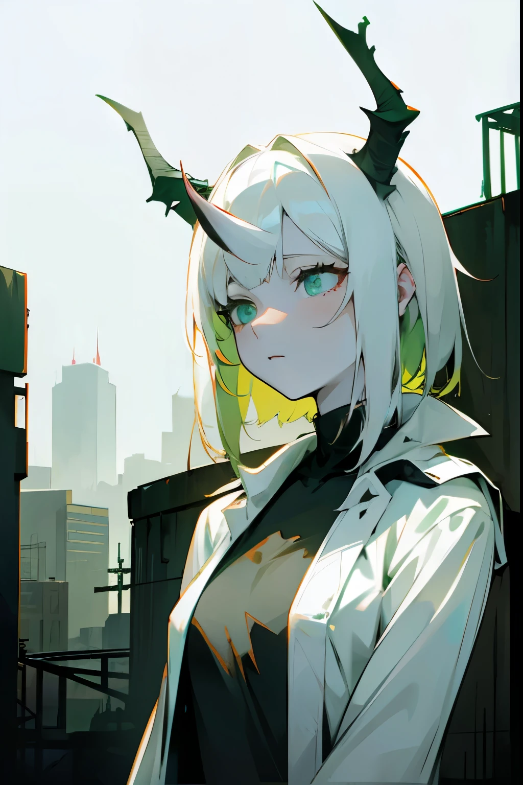 1female , One Single Horn , Green Eyes , White Hair , Pale Skin , Ruined City Background , Somber Expression , White Lipstick , Green Highlighted Hair