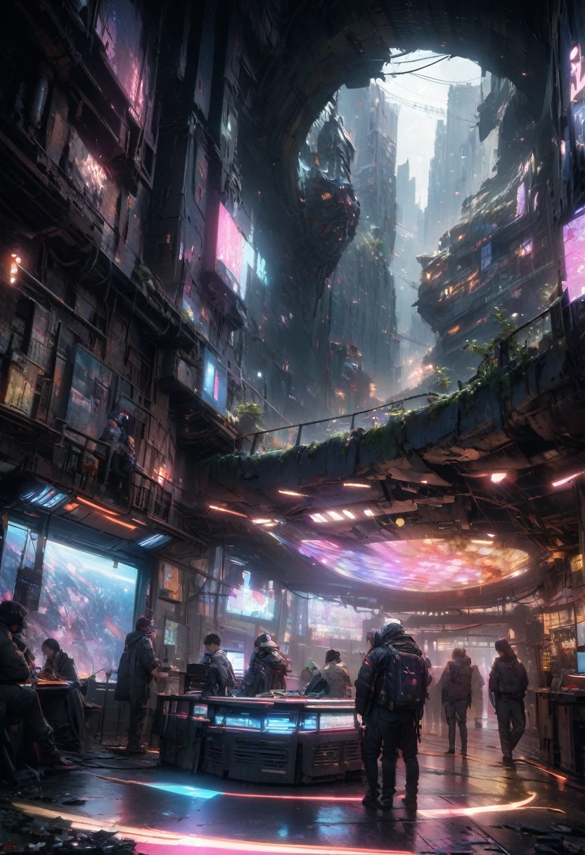 dystopian city , People live, Urban slums , Bright lighting, Spirited, Very crowded, Populous, Color Scheme, Art Station, Create ultra-realistic renderings of aircraft，cyber punk. Street cables densely cover the areas between buildings. Lighting scene lights on, quality\(8k,非常に精細なCGユニットのwallpaper, masterpiece,High resolution,top-quality,top-quality real texture skin,Surreal,Increase the resolution,RAW Photos,最高quality,Very detailed,wallpaper,Cinema Lighting,Ray-tracing,Golden Ratio\),(Long Shot),landscape,