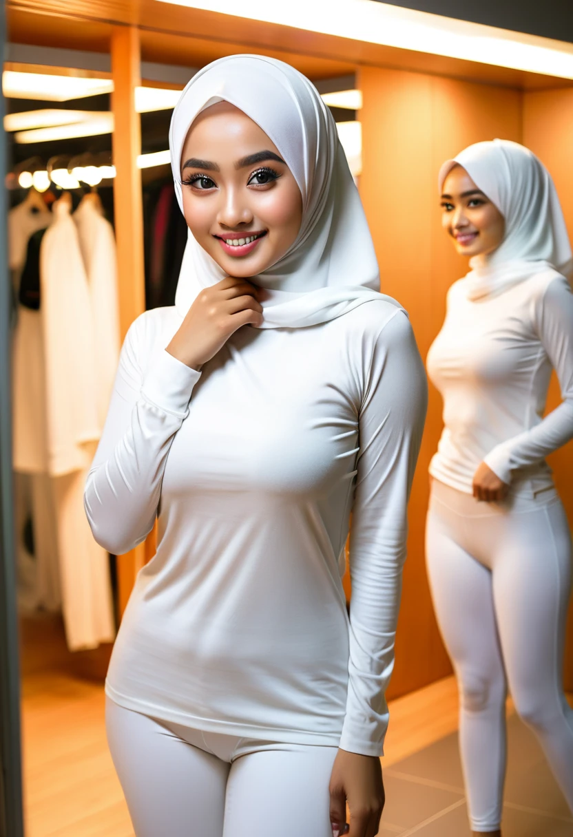 RAW, Best quality, high resolution, masterpiece: 1.8), beautiful Malay woman in hijab, Masterpiece, big gorgeous eyes, Soft smile, wear tight light white long sleeve shirt and  light white tight legging,in changing room, Excellent lighting, Bright colors, Clean lines , full body picture .