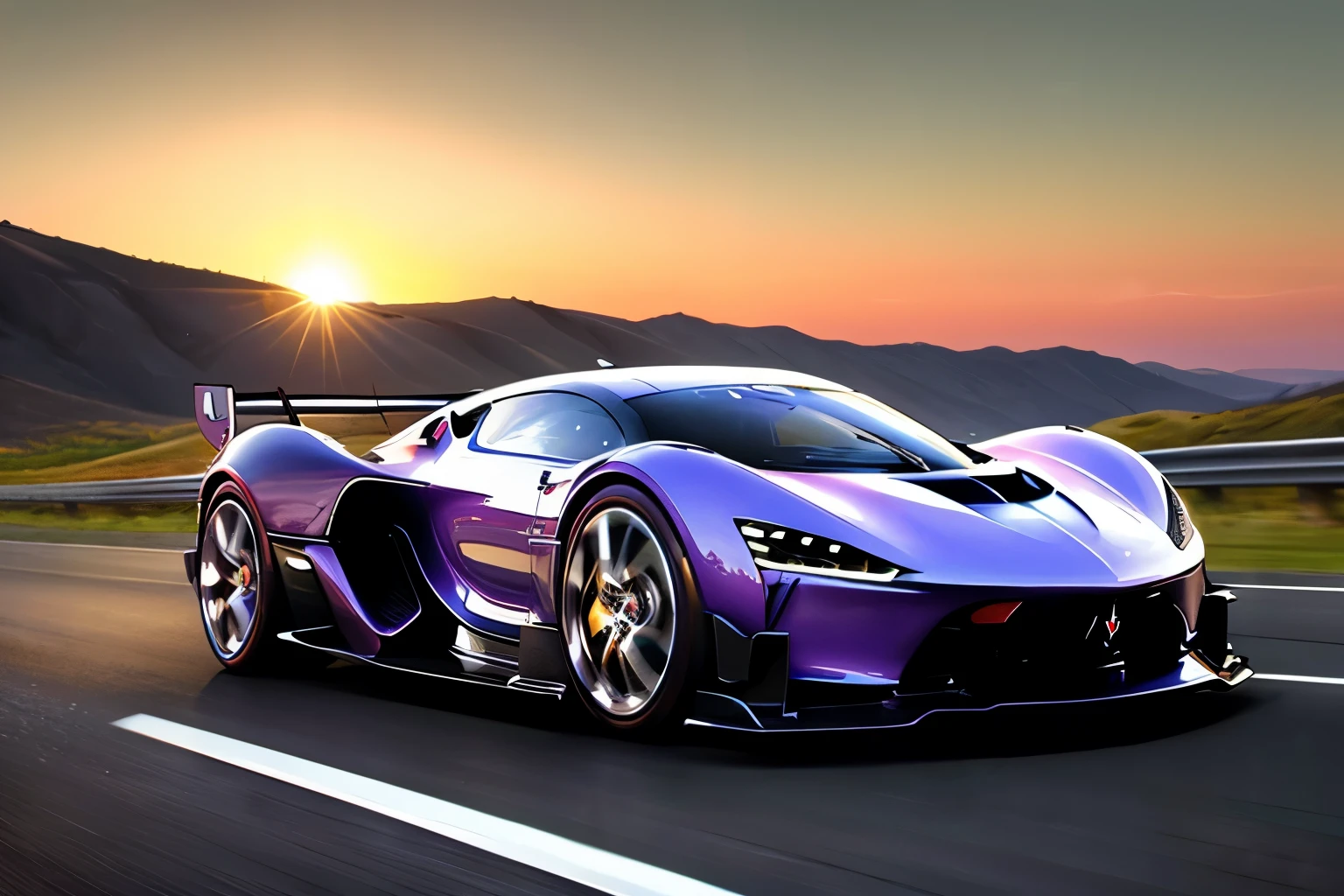 Imagine a concept car, concept design, super race car, the car driving down a perfectly straight highway towards a beautiful horizon. The car’s polished chrome gleams in the soft glow of the setting sun. The road is flanked by rolling hills and wildflowers, creating a picturesque path. Above, the sky is a blend of deep orange, pink, and purple as the sun sets. Wispy clouds catch the evening light, adding depth to the scene. The Car's engine purrs smoothly, its classic silhouette moving gracefully through the landscape. As the car heads towards the glowing horizon, bathed in golden light, the scene captures the essence of and the timeless charm of the open road