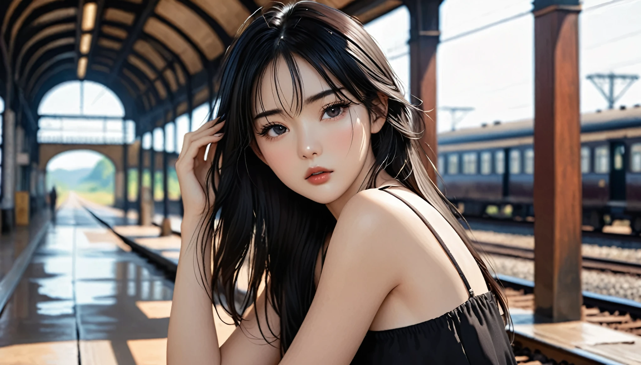 a girl，cute and pretty face，Long straight black hair，Long bangs covering eyes，long eyelashes，(Fine eyes)，small eyes，(half-closed eyes)，(Dark lipstick)，(Dark eyeshadow)，Slim body，Slender limbs，Black spaghetti strap dress，Inside an old railway station，Depth of Field，Ultra-detailed faces，very beautiful face，Extremely high quality skin，Look into the distance，beautiful legs，femainine pose，realistic ，realistic photo，RAW photo，