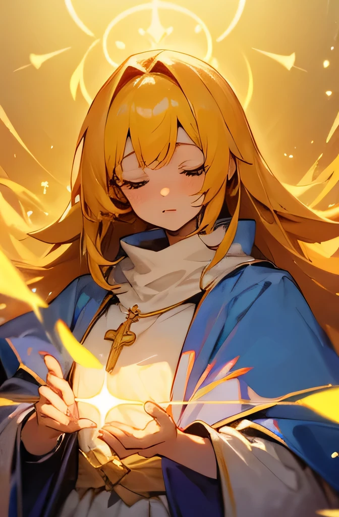 female, person, healing magic, priest, cute, bright, magic world, golden hair, faith