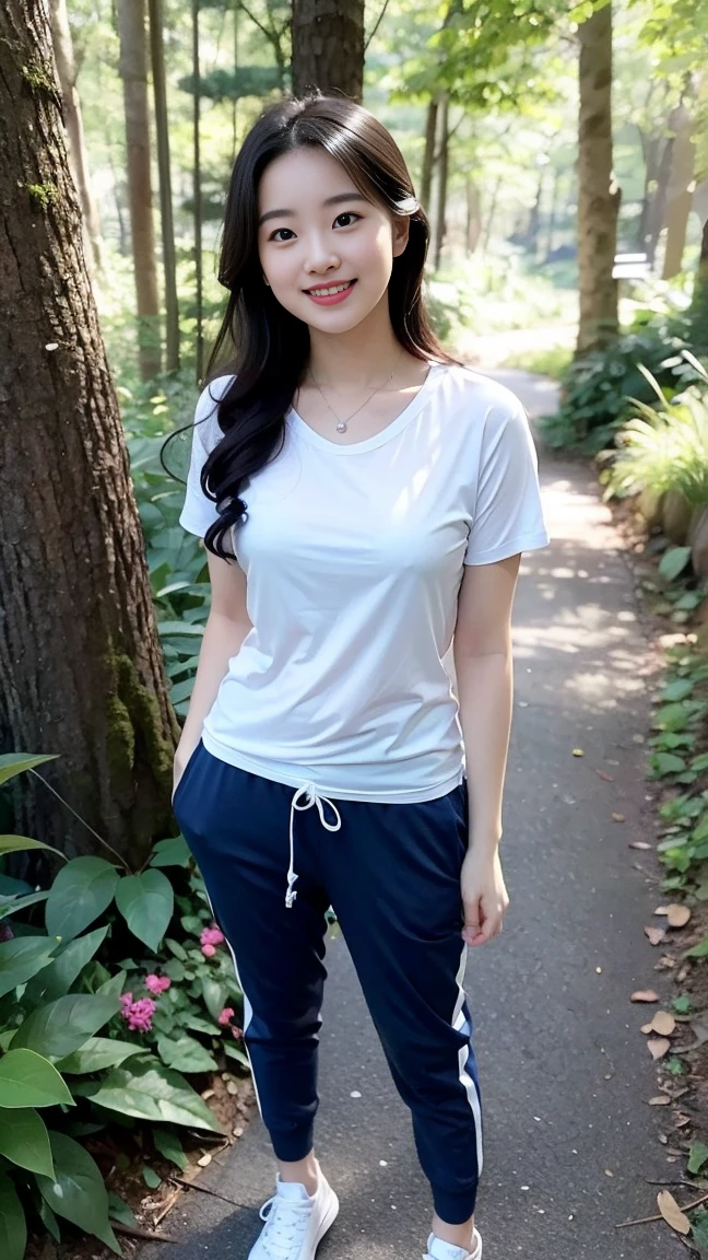 masterpiece, best quality, Surreal, Ultra Detailed, 8k resolution, RAW photos, Clear focus, (A girl in the forest), ((navy blue shirt:1.1)), Short sleeve, Long sweatpants,Full body posture, Solitary, Perfect body, Become a, 32 inches in the chest,(a charming smile:1), (sexy pose)，26 years old, light,White shoes