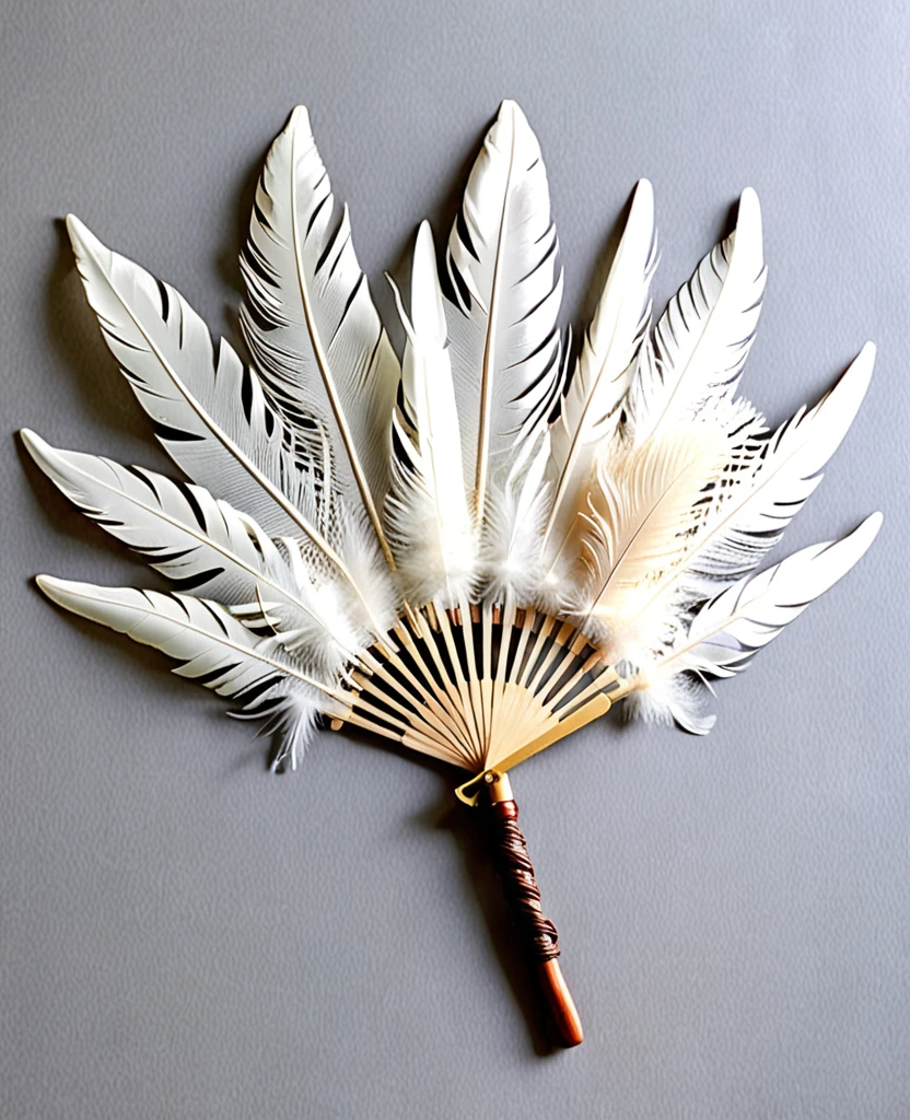 (Handle Feather Fan)、(Wooden handle)、((It is made up of many overlapping feathers.))、(Sprouting wings directly from the handle)、A collection of many long feathers、