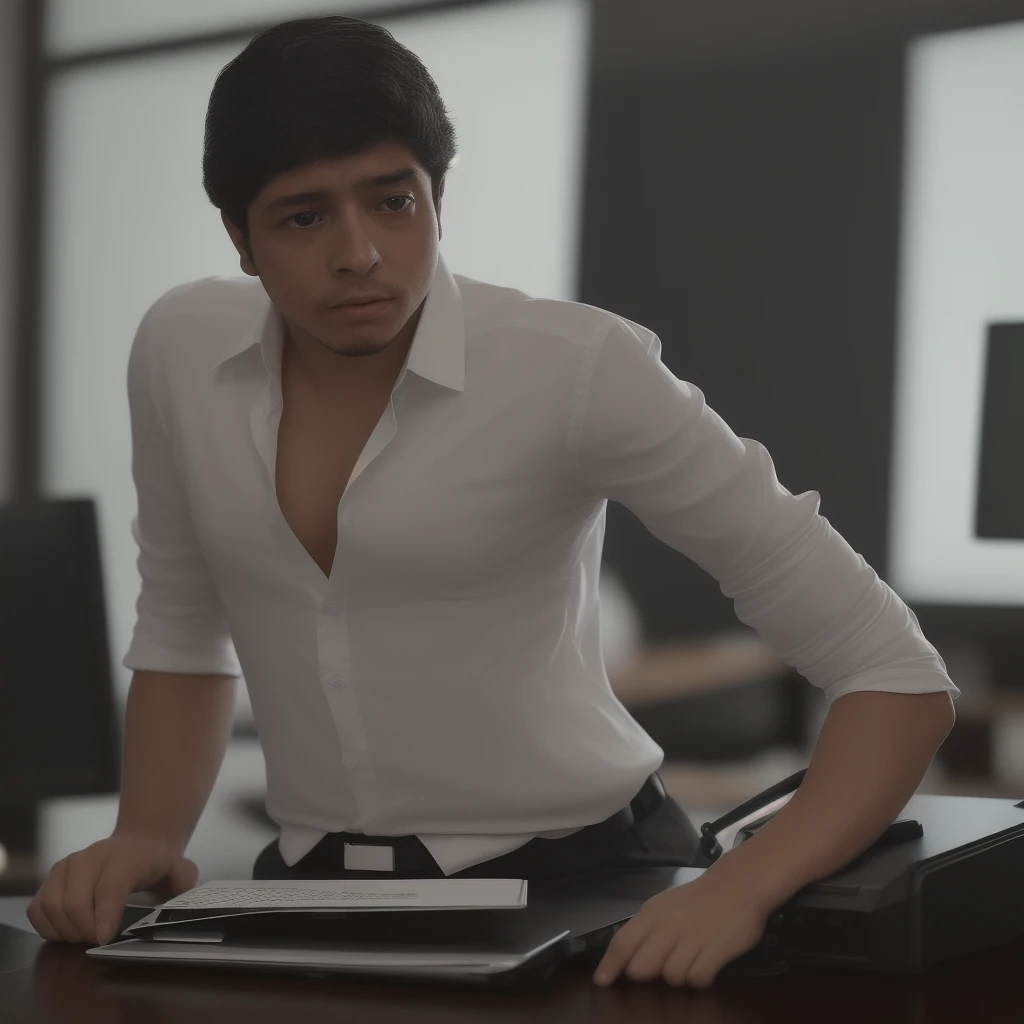 Foto do retrato da obra-prima de um homem moreno brutal de 23 anos, formal, DESK, computador do lado, foto destraido, (pele altamente detalhada:1.2), 8k hd, dslr, cinematic lighting, alta qualidade
