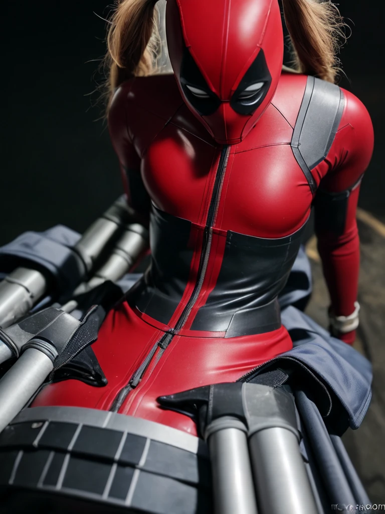 Deadpool woman, hyperdetailed suit , super sexy curved body, sit in elegant pose , pony tail, intricated mecha suit, intricated, intricated suit, heroic pose, ginger, close up shot, bokeh background, low contrast, ,perfect muscular body , RAW candid cinema, 16mm, color graded portra 400 film, remarkable color, ultra realistic, textured skin, remarkable detailed pupils, realistic dull skin noise, visible skin detail, skin fuzz, dry skin, shot with cinematic camera