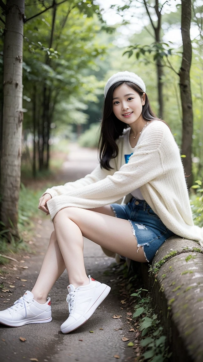masterpiece, best quality, Surreal, Ultra Detailed, 8k resolution, RAW photos, Clear focus, (A girl in the forest),Asian woman in blue top and white shorts, Full body posture, Solitary, Perfect body, Become a, 32 inches in the chest,(a charming smile:1), (sexy pose),26 years old, light,White shoes,Nozomi Takemura, Oka Yasumoto, Chiho, Ogata Aoi, Motto Cave, Yoshitomo Nara, Kakinuchi Megumi, Harumi, Kojima De Ami, Beichuan Marin