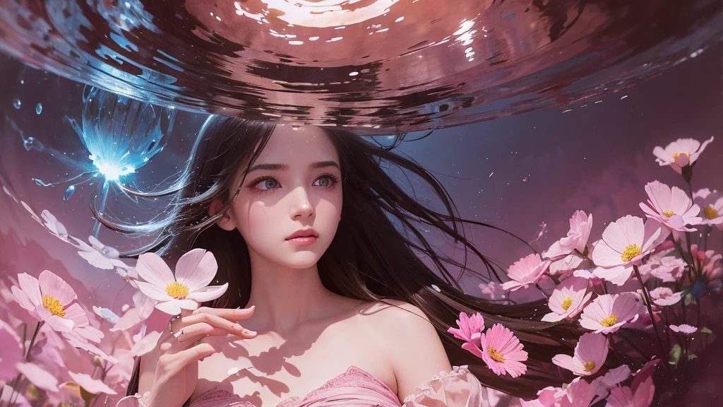 32k, Masterpiece, Highest quality, One girl, Detailed eyes, flower,Sandersonia, Pink and brown style,A dreamy, romantic piece,Pale pink, Mysterious Leaves,A playful arrangement,Fantasy,High Contrast,Ink strokes,explosion,Exposure, Impression of pink and brown tones,Abstract,((Watercolours by John Berkey and Jeremy Mann )) Brush strokes,Negative Space, Tyndall effect,