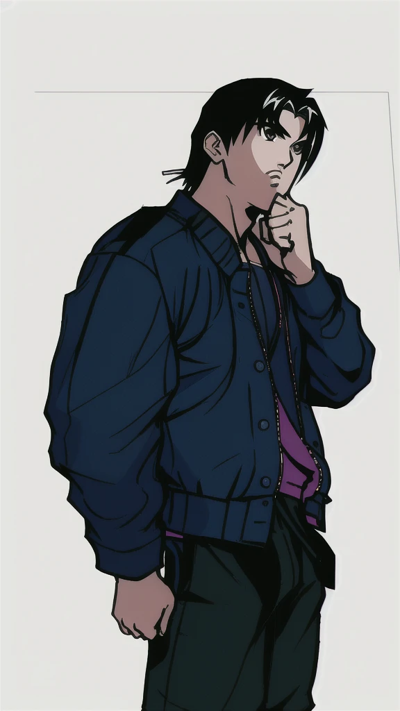 boy in a bomber jacket, detailed hands, aesthetic hands, perfect hands, black hair, minimalist design, clean lines, detailed figures, simple composition, Lineart, like fighting game artwork, tetsuya nomura art, kinu nishimura art,