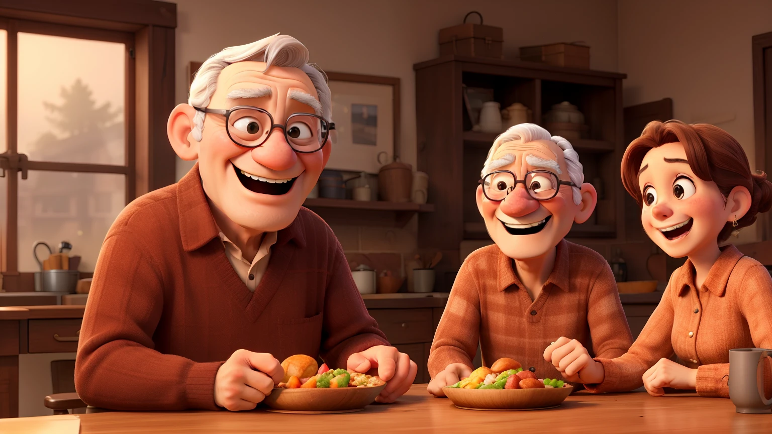 Old man smiles happily and shows teeth,eat with family