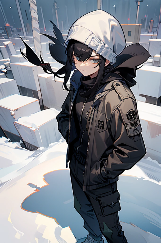 iso_valorant, standing, looking at viewer, jacket, hoodie, long pants, bandaid on face, medium length black hair, town, winter, arms in pockets, young man, lean build, braided hair, smirk, bangs covering head, beanie,