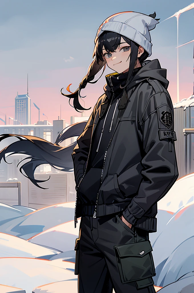 iso_valorant, standing, looking at viewer, jacket, hoodie, long pants, bandaid on face, medium length black hair, town, winter, arms in pockets, young man, lean build, braided hair, smirk, bangs covering head, beanie,