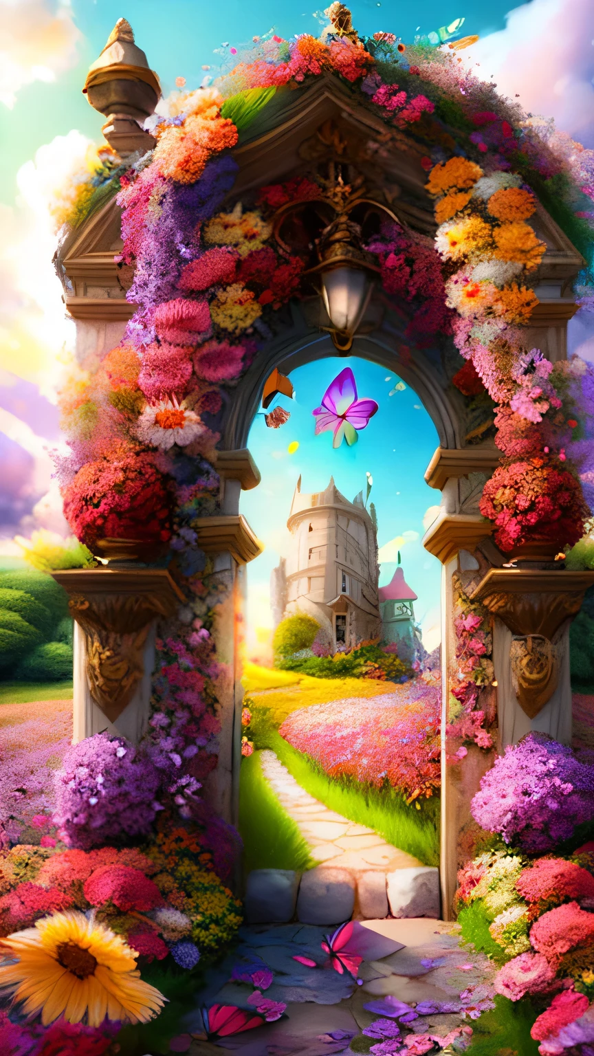 photograph (Style FlowerGateway:1) The castle entrance is surrounded by flowers, butterfly, insect, Dragonfly,Create a large magical garden panel, Square Panel, vertically, butterfly, With flowers