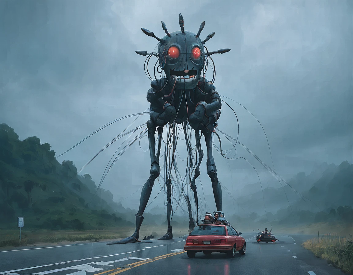ssta, road, car with canoe, tall mech with toy face, wires, smaller mech drone people with glowing red eyes, jesus christ, arrodillado orando a los cielos, frente a un hermoso orisonte