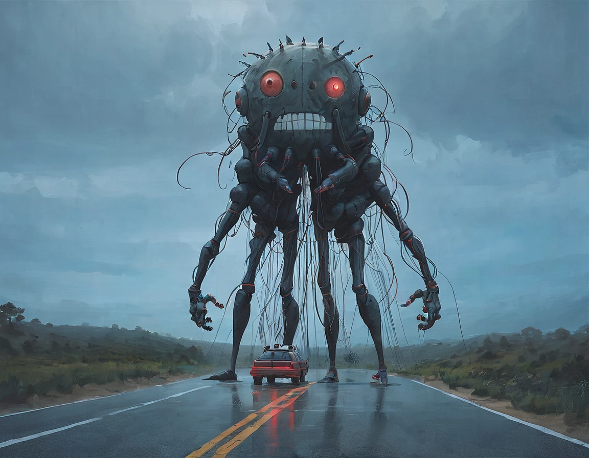 ssta, road, car with canoe, tall mech with toy face, wires, smaller mech drone people with glowing red eyes, jesus christ, arrodillado orando a los cielos, frente a un hermoso orisonte