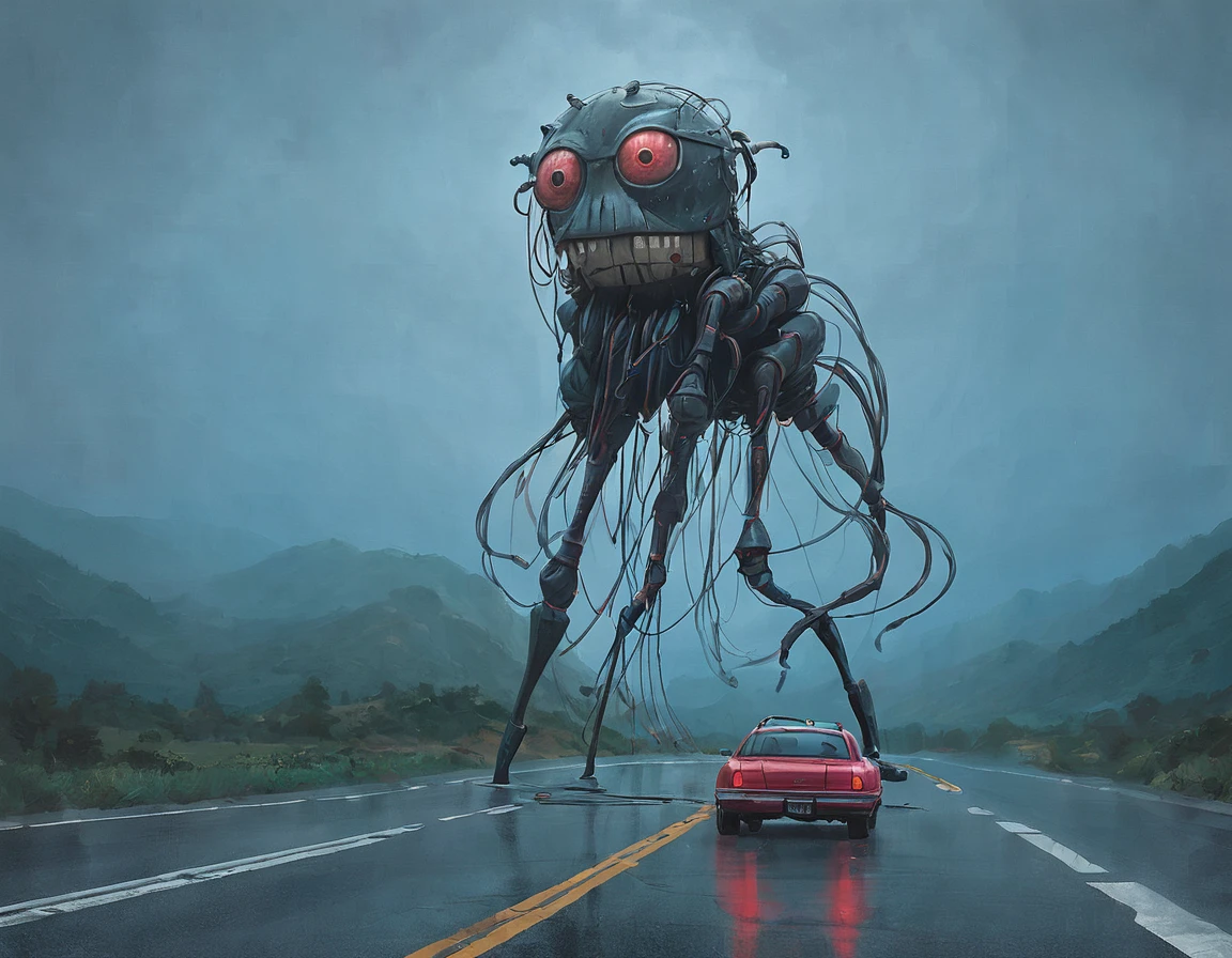 ssta, road, car with canoe, tall mech with toy face, wires, smaller mech drone people with glowing red eyes, jesus christ, arrodillado orando a los cielos, frente a un hermoso orisonte
