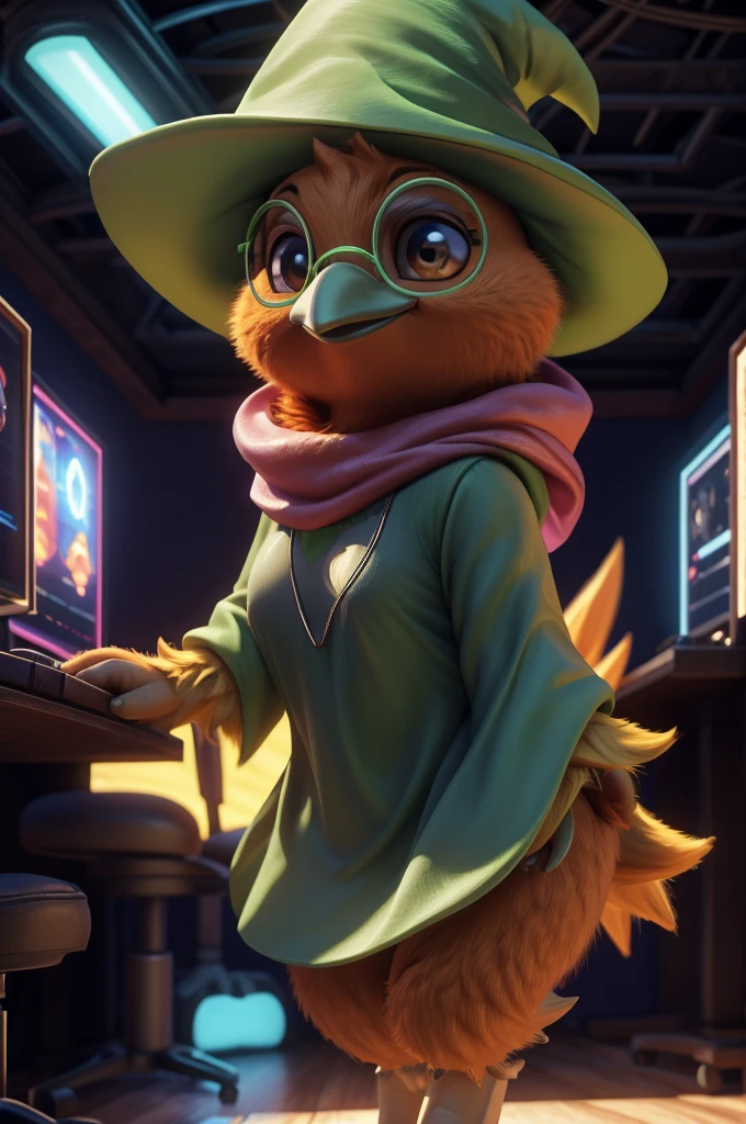 Female , bird, Torchic, background, (cinematic lighting:1.1), (perfect focus:1.1), 8k hd, (detailed eyes:1.2),depth of field, bokeh, subsurface scattering, perfect breasts, wide ,((wearing Ralsei Deltarune's clothing )),bright colors, (furry detail:1.3),detailed background, realistic, photorealistic, ultra realistic,(Gamer room with blue led lights ),realistic, photorealistic ,smile cute,(fluffy:1.3), furry, buff, (realistic fur:1.1), (extreme fur detail:1.2),((light orange fur)),(Black pupil, brown eyes,pixar style eyes),Torchic tail,3d pixar legs, with pectorals,HDR.