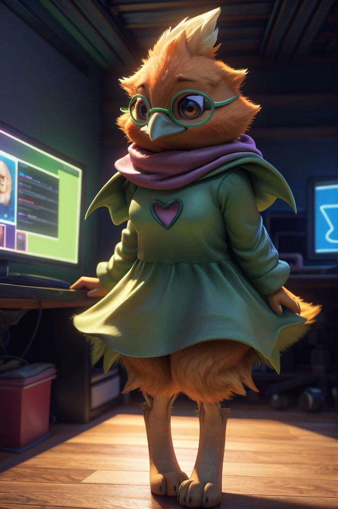 Female , bird, Torchic, background, (cinematic lighting:1.1), (perfect focus:1.1), 8k hd, (detailed eyes:1.2),depth of field, bokeh, subsurface scattering, perfect breasts, wide ,((wearing Ralsei Deltarune's clothing )),bright colors, (furry detail:1.3),detailed background, realistic, photorealistic, ultra realistic,(Gamer room with blue led lights ),realistic, photorealistic ,smile cute,(fluffy:1.3), furry, buff, (realistic fur:1.1), (extreme fur detail:1.2),((light orange fur)),(Black pupil, brown eyes,pixar style eyes),Torchic tail,3d pixar legs, with pectorals,HDR.