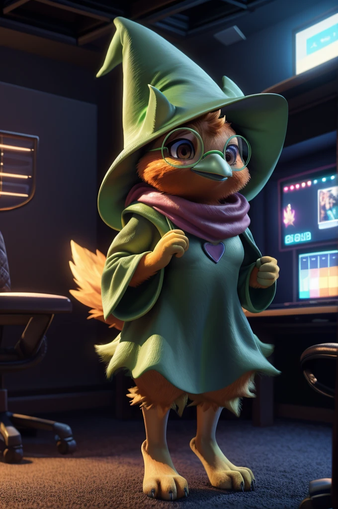 Female , bird, Torchic, background, (cinematic lighting:1.1), (perfect focus:1.1), 8k hd, (detailed eyes:1.2),depth of field, bokeh, subsurface scattering, perfect breasts, wide ,((wearing Ralsei Deltarune's clothing )),bright colors, (furry detail:1.3),detailed background, realistic, photorealistic, ultra realistic,(Gamer room with blue led lights ),realistic, photorealistic ,smile cute,(fluffy:1.3), furry, buff, (realistic fur:1.1), (extreme fur detail:1.2),((light orange fur)),(Black pupil, brown eyes,pixar style eyes),Torchic tail,3d pixar legs, with pectorals,HDR.
