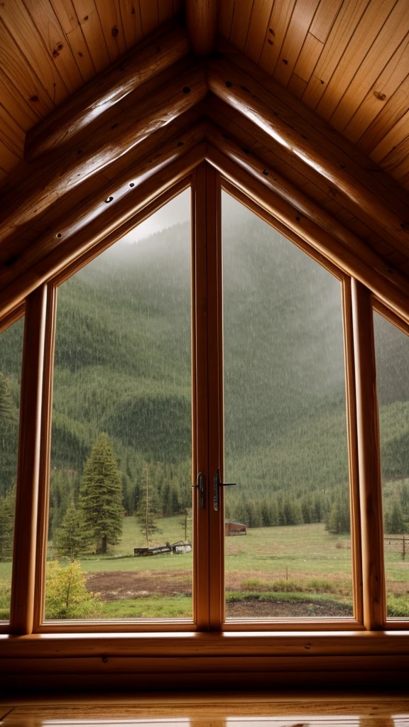 Rainy scenery seen from the window of a log house