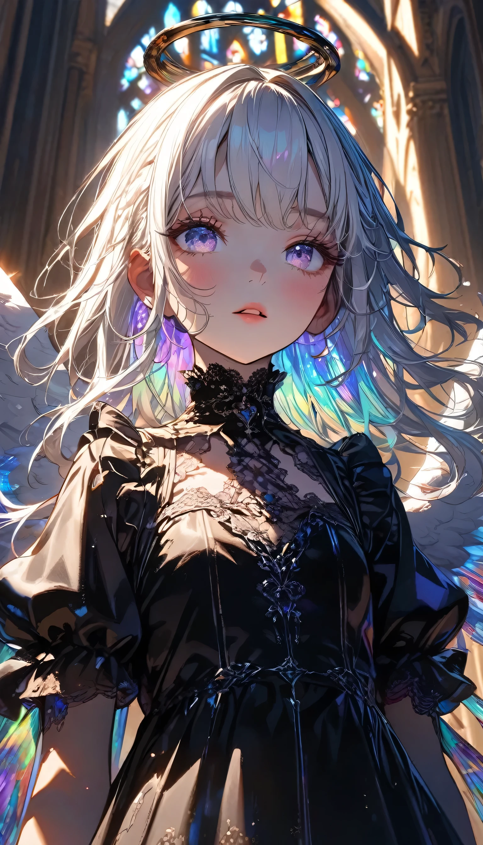 (absurdres:1.5), (highres), (best quality:1.1), (ultra-detailed:1.1), (an extremely delicate and beautiful), 1 girl, beautiful face, (detailed face), best quality, angel、White hair, iridescent inner hair color, flat chest, gothic dress, angel wings on her back, high resolution,high quality background, depth of field, cathedral with stained glass, colorful glass, high ceiling, (cinematic light:1.2), golden hour light, light sparkles, sunbeam,