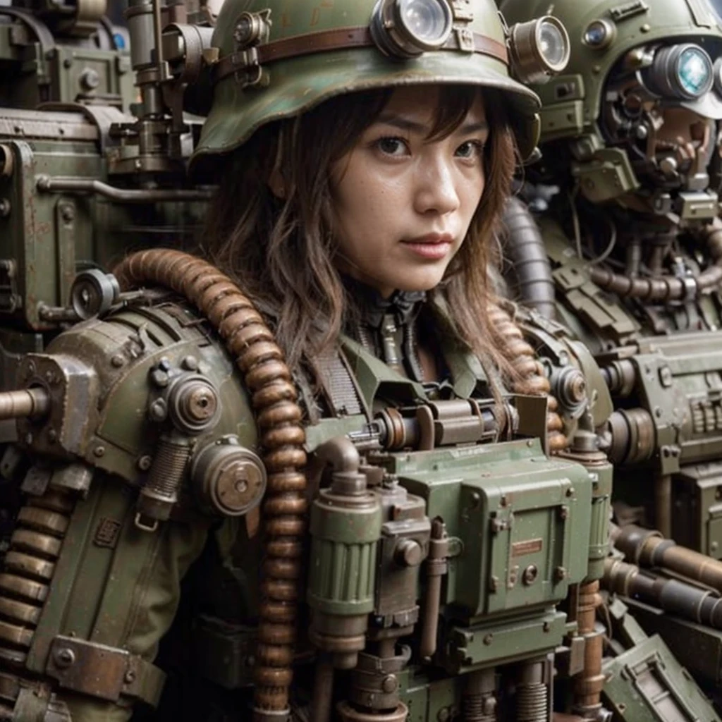 superrealism, ultra high res,8k,(Photorealsitic:1.4), (WWⅡ-like mechanical suit), Collapsed Cities, heavy weapons,vivid textures, beautiful hair, japanese female soldier,(super cute face),legs, ((super realistic all textures)), ((super intricate all details)), full body shot, ultra sharp photo result, beige color, scratch, Rust, weathering, Sweat, move, operational action in progress, steampunk, taken with Fuji film X-T30+Nokton. HDR10,Minimum of 4 pieces created