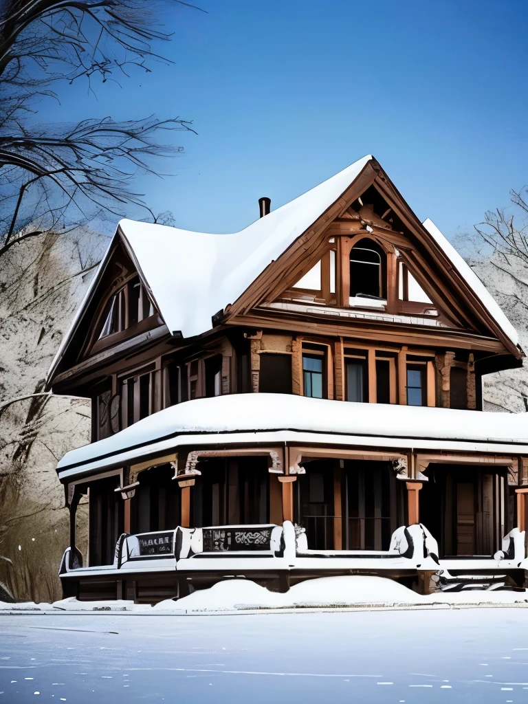 arafed house in the snow with a staircase leading up to the front, a tilt shift photo by Chris Cold, flickr, art nouveau, an abandoned, an abandoned old, an old abandoned mansion, victorian manor, abandoned polish mansion, abandoned house, victorian house, abandoned, victorian setting, abandoned castle, mysterious exterior, old abandoned house, gothic mansion, very ornate