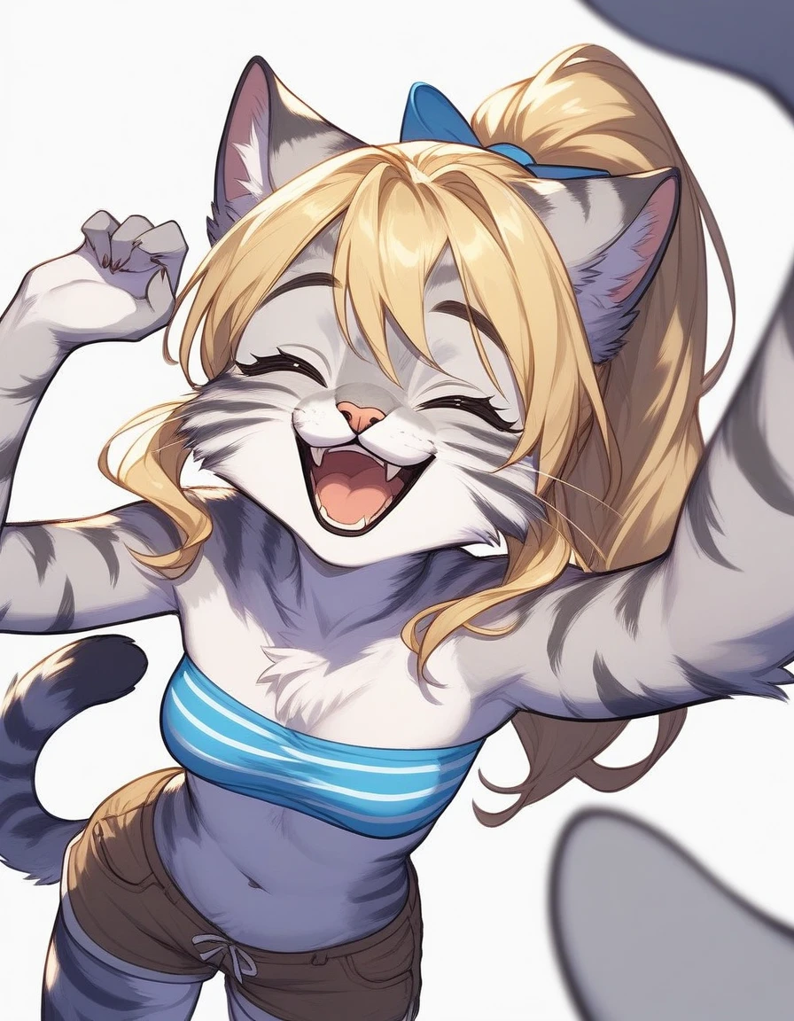 Solo, score_9, score_8_up, score_7_up Anthro furry feline, Kat, silver furry body, grey striped body, blonde hair, hair in ponytail, closed eyes, long blonde hair, standing, basic standing pose, white background, wearing blue bandeau, brown short shorts, lying on her back, cute kitty pose, pov, pov viewer is rubbing her belly, viewer is ruffling the fur on her tummy, she is laughing