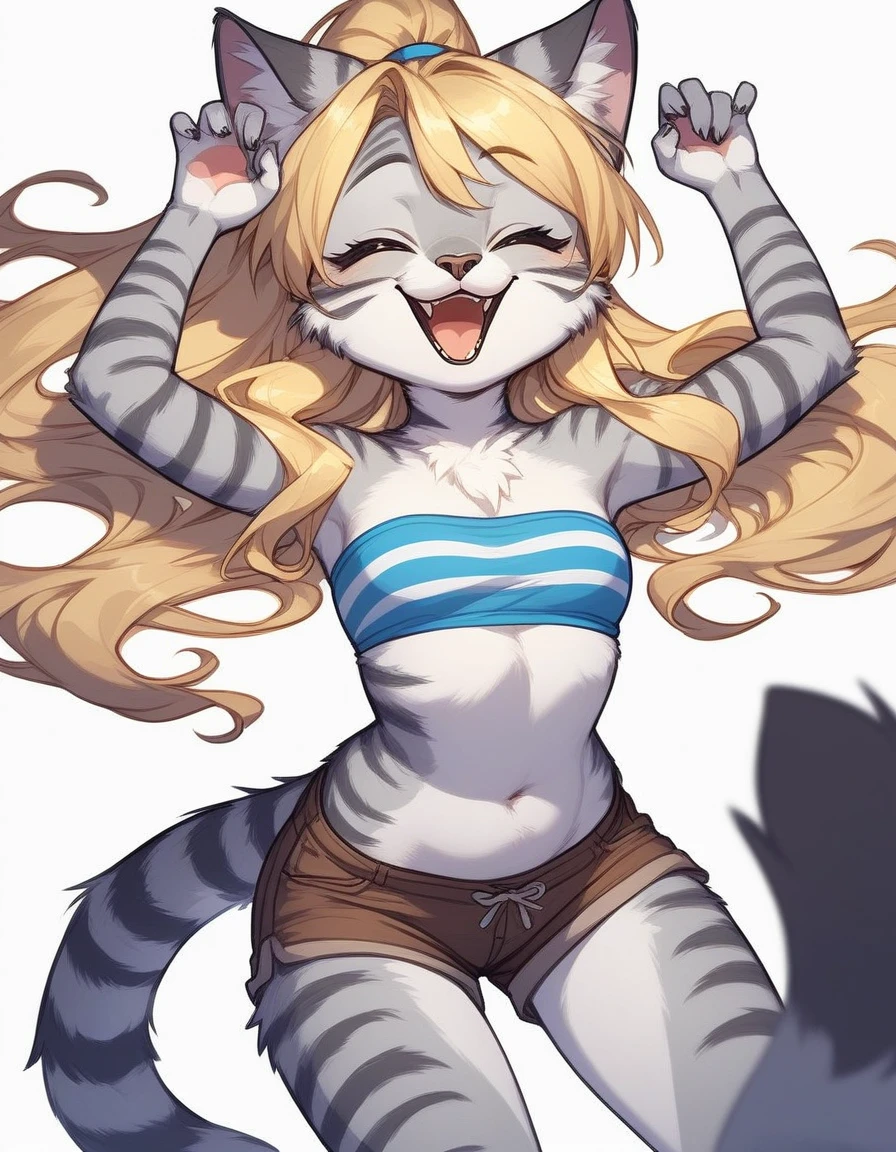 Solo, score_9,score_8_up,score_7_up, source_cartoon, source_furry, Kat, Anthro furry feline girl, tall body, hourglass figure, adult female, closed eyes, :3, snout, pink nose, silver furry body, grey tabby cat stripes, long blonde hair, hair covering one eye, standing up straight, big happy smile, giving you a thumbs up, simple white background, wearing blue bandeau, brown short shorts, b cup sized chest,