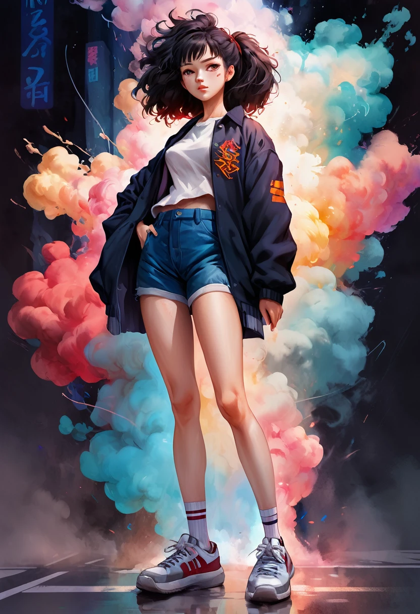 Fantasy digital watercolor painting, Photoshop Watercolor Brushes, One girl, Beauty, sneakers, Standing pose, whole body, High School Uniform:2, anime, Jujutsu Kaisen, Your Name, NewJeans, Korean Girls, Retro Wave,Ahoge, Dramatic lighting from below, Bomb Hair