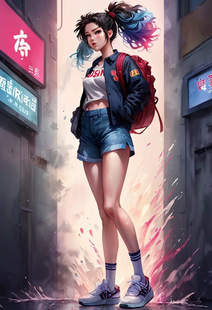 Fantasy digital watercolor painting, Photoshop Watercolor Brushes, One girl, Beauty, sneakers, Standing pose, whole body, High School Uniform:2, anime, Jujutsu Kaisen, Your Name, NewJeans, Korean Girls, Retro Wave,Ahoge, Dramatic lighting from below, Bomb Hair