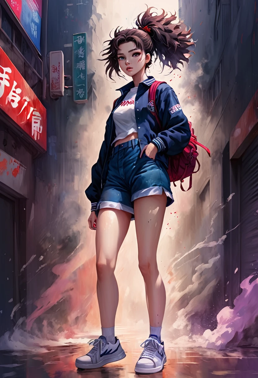 Fantasy digital watercolor painting, Photoshop Watercolor Brushes, One girl, Beauty, sneakers, Standing pose, whole body, High School Uniform:2, anime, Jujutsu Kaisen, Your Name, NewJeans, Korean Girls, Retro Wave,Ahoge, Dramatic lighting from below, Bomb Hair