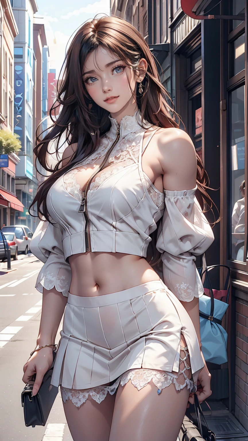 24-year-old woman、Beautiful appearance、Model Body Type、Sexy proportions、Mesh dye on hair、Semi-long hair、Zipper-up high neck top、No sleeve、Lace-decorated arm covers、Low-rise micro mini skirt、Exposed thighs、Shop downtown