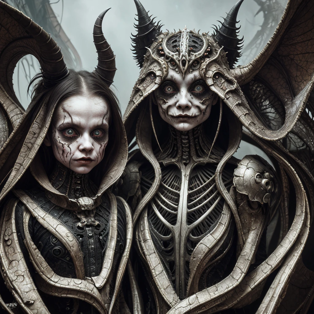 little girls from this artwork, in the style of otherworldly grotesquery, sci-fi baroque, photorealistic painting, darkly comedic, precisionist, devilcore, skeletal