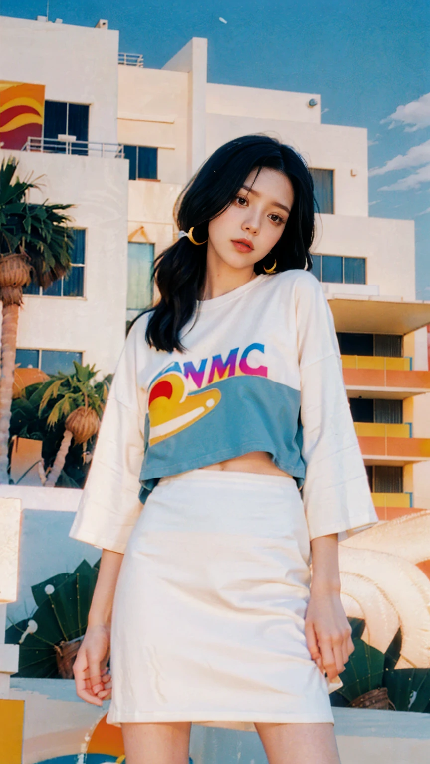 1 girl, beautiful, black bob hair, almond eye, no makeup, white tshirt, ((oversized_untucked tshirt)), peach tennis skirt, in front of ((80's mondrian architecture colorful motel)),(from below:1.2), (realistic:1.1), (surreal:1.2), (very detailed:1.1), ((masterpiece)),palm trees,summer, blue sky,sunny, los angles vibes