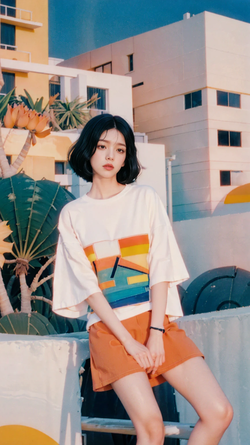 1 girl, beautiful, black bob hair, almond eye, no makeup, white tshirt, ((oversized_untucked tshirt)), peach tennis skirt, in front of ((80's mondrian architecture colorful motel)),(from below:1.2), (realistic:1.1), (surreal:1.2), (very detailed:1.1), ((masterpiece)),palm trees,summer, blue sky,sunny, los angles vibes