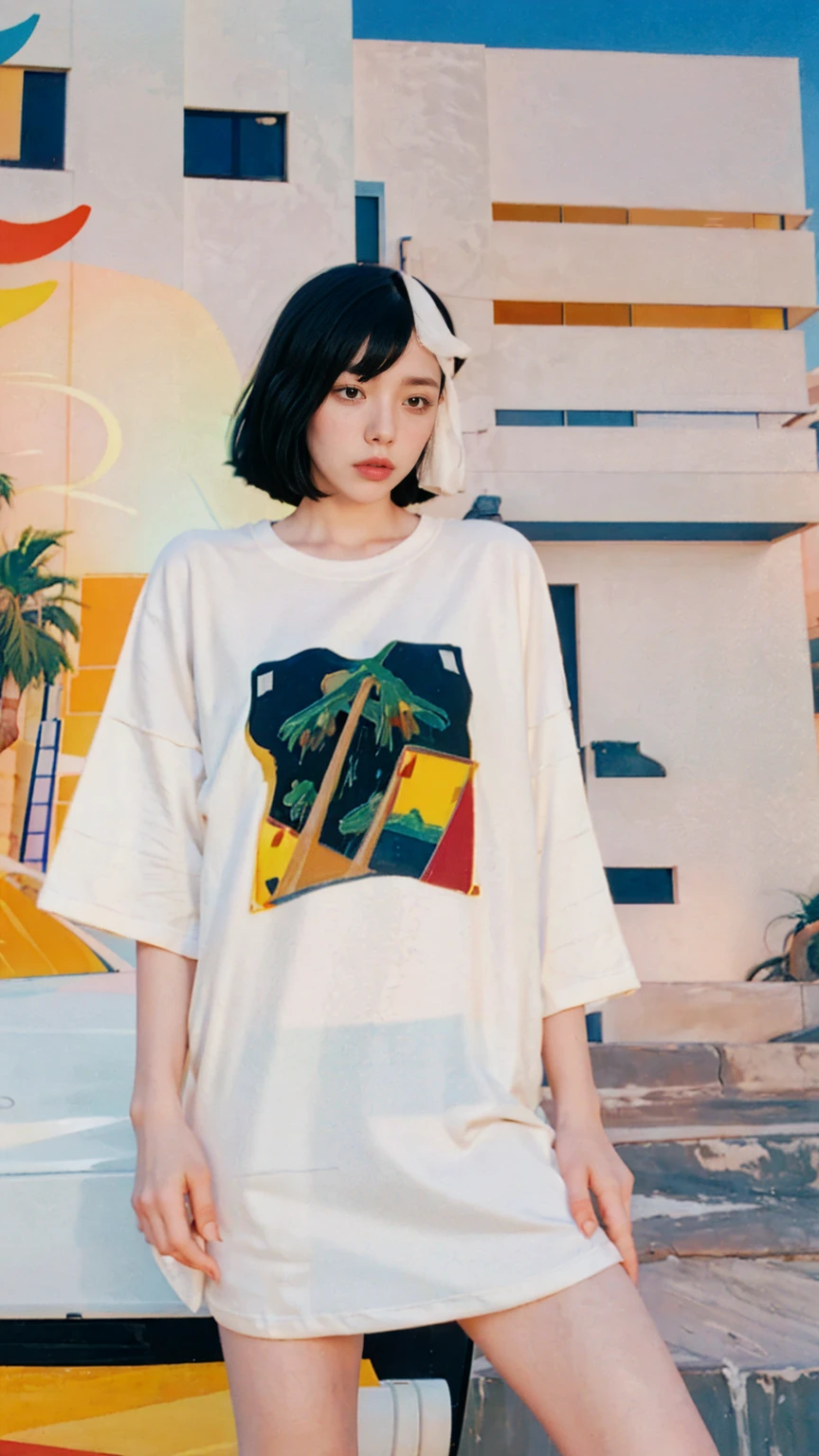 1 girl, beautiful, black bob hair, almond eye, no makeup, white tshirt, ((oversized_untucked tshirt)), peach tennis skirt, in front of ((80's mondrian architecture colorful motel)),(from below:1.2), (realistic:1.1), (surreal:1.2), (very detailed:1.1), ((masterpiece)),palm trees,summer, blue sky,sunny, los angles vibes