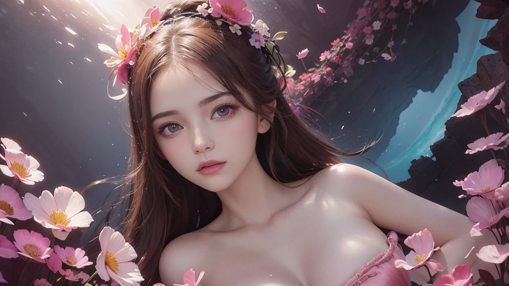 32k, Masterpiece, Highest quality, One girl, Detailed eyes, flower,Sandersonia, Pink and brown style,A dreamy, romantic piece,Pale pink, Mysterious Leaves,A playful arrangement,Fantasy,High Contrast,Ink strokes,explosion,Exposure, Impression of pink and brown tones,Abstract,((Watercolours by John Berkey and Jeremy Mann )) Brush strokes,Negative Space, Tyndall effect,