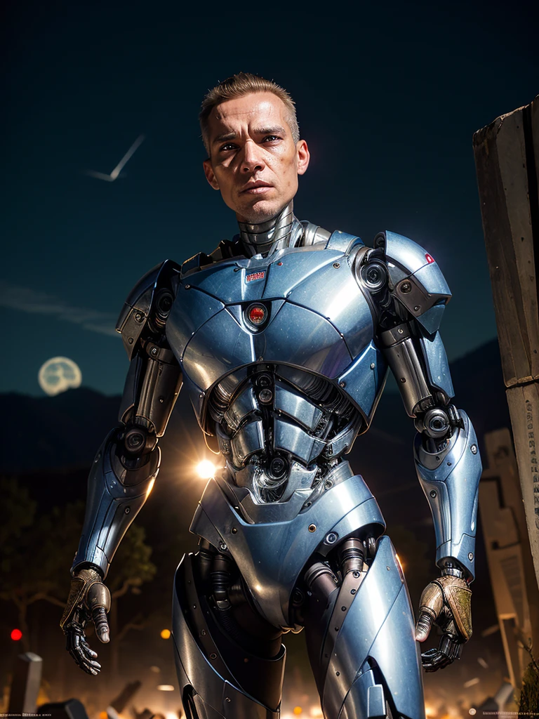 (best quality, masterpiece, highest detailed), (photorealistic:1.2), (detailed light:1.2), (Realistic skin texture:1.4), raw photo, fantastic style, professional photo ,man and kior, half-human, half- machine, (terminator), in the robot cemetery, night, future war, (in the background there is a robot cemetery)
