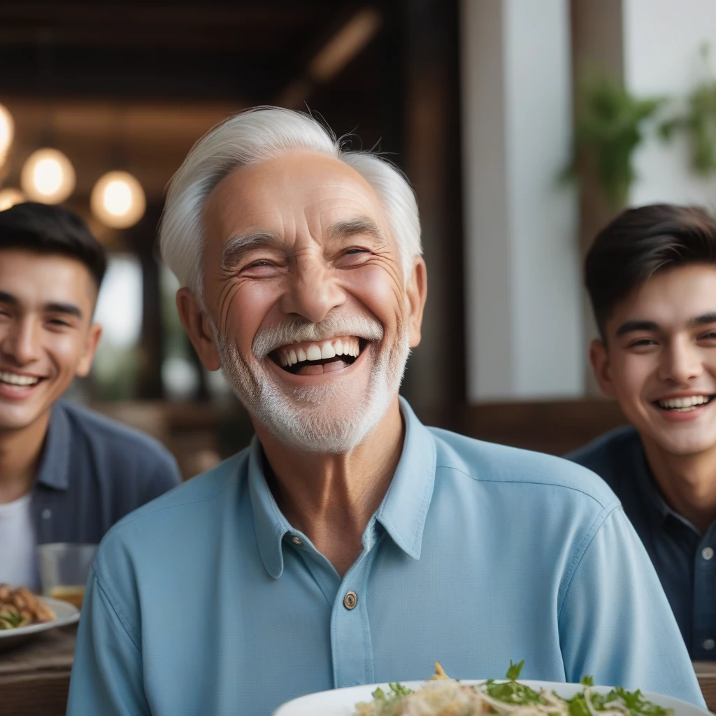Old man smiles happily and shows teeth，Dinner with young men