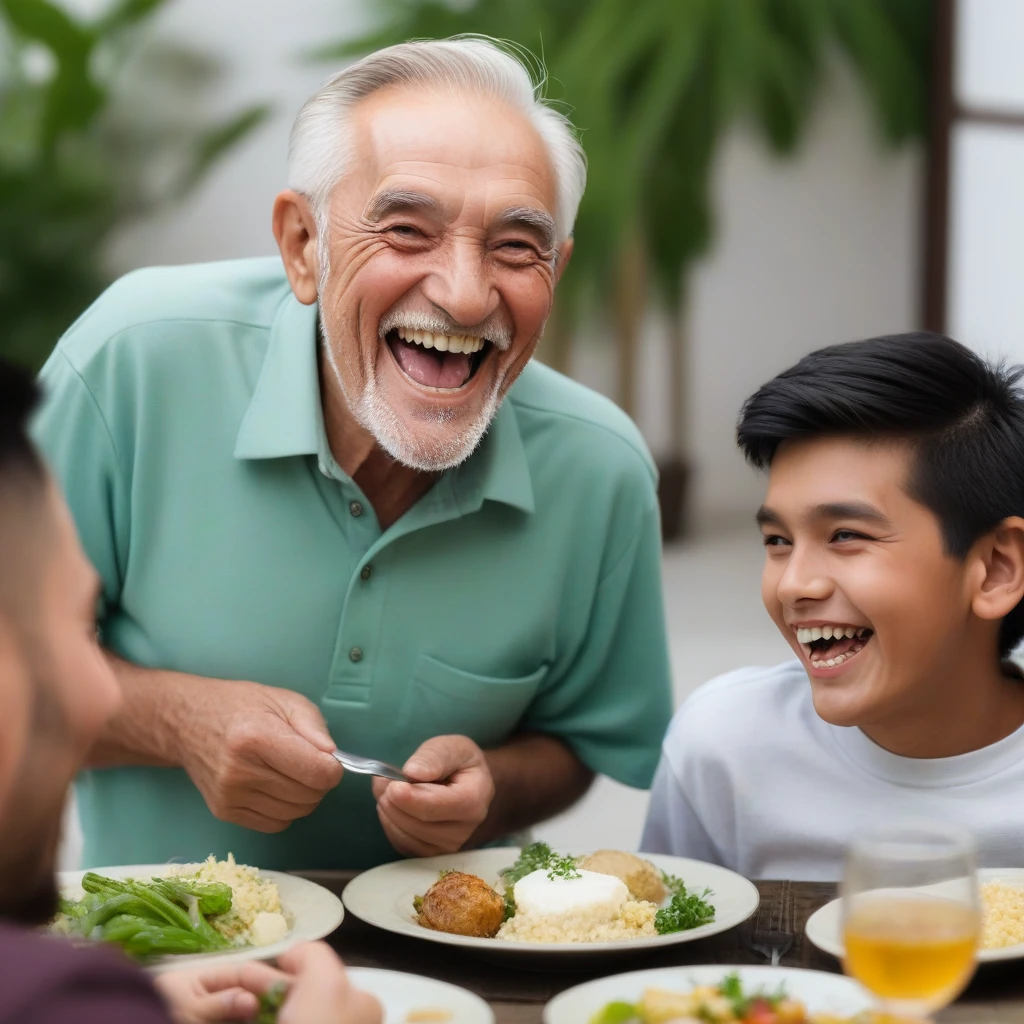 Old man smiles happily and shows teeth,Dinner with young men