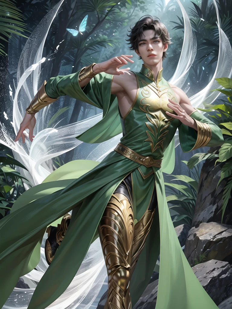 (Martial arts style works),(quality),(height) ,1 Boy,light green eyes, Short dark green hair., alone,(young boy detailed background),A face that is handsome and detailed.,fairy tale,(butterfly race),The body is thin and shiny.,It has perfectly detailed butterfly wings.,Picture of creating a magic camp,Show movie subtitles,Don't look at the view.,Not looking at the view,Amazing light and shadow,Wear a magnificent traditional Chinese costume with perfect details.(no pants),Wear a gorgeous long dress.,fine gemstone jewelry web style,moon,Moths all around, floating on water,There was a large, fine green ring around it.