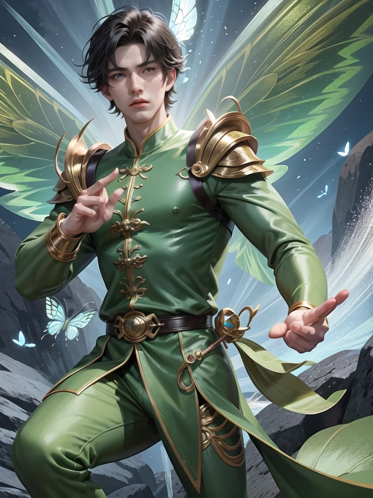 (Martial arts style works),(quality),(height) ,1 Boy,light green eyes, Short dark green hair., alone,(young boy detailed background),A face that is handsome and detailed.,fairy tale,(butterfly race),The body is thin and shiny.,It has perfectly detailed butterfly wings.,Picture of creating a magic camp,Show movie subtitles,Don't look at the view.,Not looking at the view,Amazing light and shadow,Wear a magnificent traditional Chinese costume with perfect details.(no pants),Wear a gorgeous long dress.,fine gemstone jewelry web style,moon,Moths all around, floating on water,There was a large, fine green ring around it.