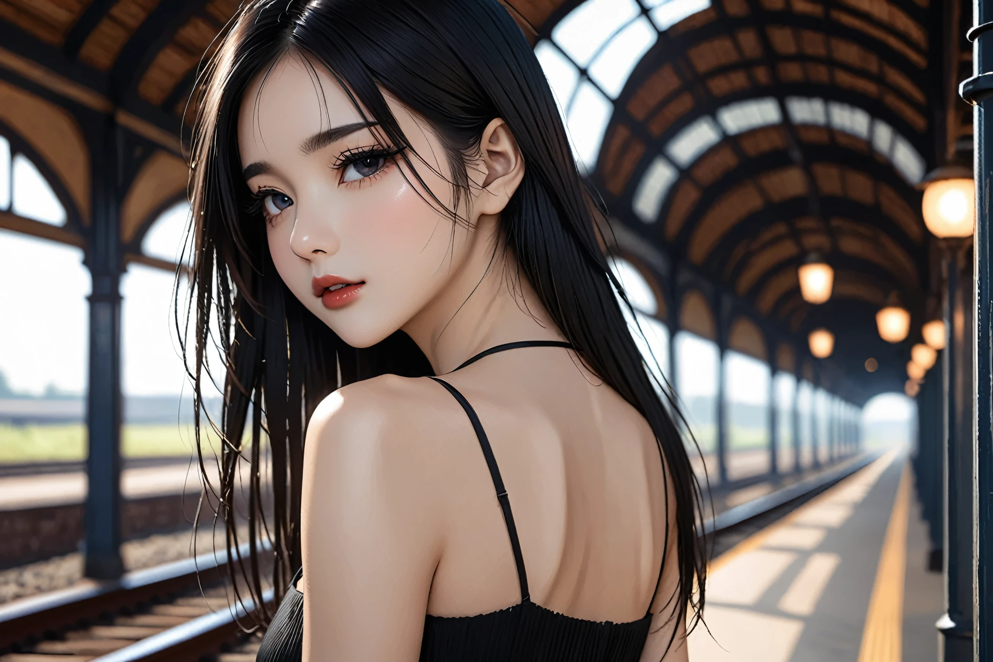 a girl，cute and pretty face，Long straight black hair，Long bangs covering eyes，long eyelashes，(Fine eyes)，small eyes，(half-closed eyes)，(Dark lipstick)，(Dark eyeshadow)，Slim body，Slender limbs，Black spaghetti strap dress，Inside an old railway station，Depth of Field，Ultra-detailed faces，very beautiful face，Extremely high quality skin，Look into the distance，beautiful legs，