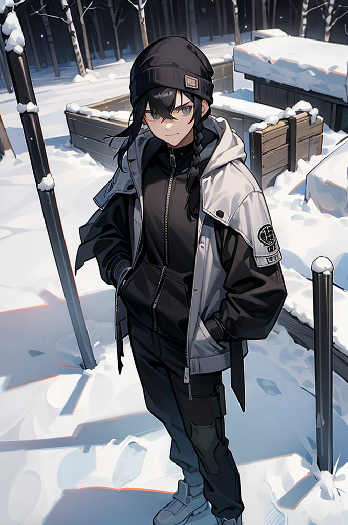 iso_valorant, standing, looking at viewer, jacket, hoodie, long pants, bandaid on face, medium length black hair, town, winter, arms in pockets, young man, lean build, braided hair, smirk, bangs covering head, beanie,
