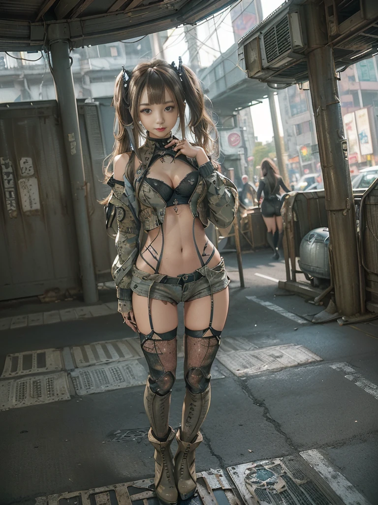 (Full Body View:1.5)、(Side view:1.1)、(Please smile with your teeth showing:1.3),(Shibuya Gal:1.5)、(Gothic ta style fashion:1.5)、(Tattered khaki and gray futuristic micro high leg bodysuit:1.5)、(Tattered Khaki and Moss Green Micro Fancy Sleeves:1.5)、(Tattered khaki micro shorts:1.5)、(Brown and khaki knee socks:1.3)、(camouflage:1.3)、(Military jacket:1.4)、Brown boots、Khaki gloves、internal、(The underwear is striped:1.4)、23 years old、(do a gravure pose:1.3)、((Highest quality、8K、masterpiece:1.3))、One girl、The beauty of slim abs:1.3、(Hairstyle Casual、Big Tits:1.1)、dress:1.1、Super small face、Narrow eyes、double eyelid、Laughter、Esbian all over、Dynamic Angle、Close-up、CPL Filter、Blurred Background、Bokeh、Blue Hour、Detailed face and skin texture、Detailed Eyes,(Twin tails:1.3)、(Brown-golden hair:1.4)、Gravure idol pose、(The background shows a futuristic hovercraft bike flying through the air.:1.3)、(The body is slim:1.2),(Slim legs:1.4),(clavicle:1.1)