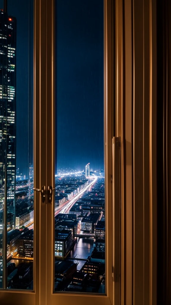 Rainy scenery seen from a window in the city Night view