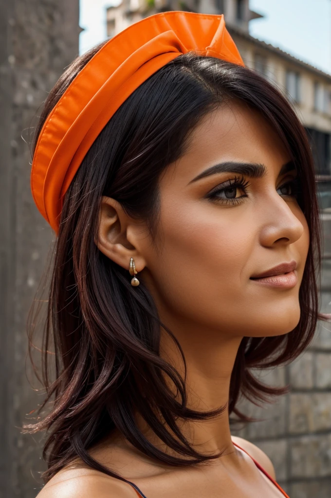 Gata naranja atigrada con rayas marrones y lazos morados en la cabeza y en el cuello