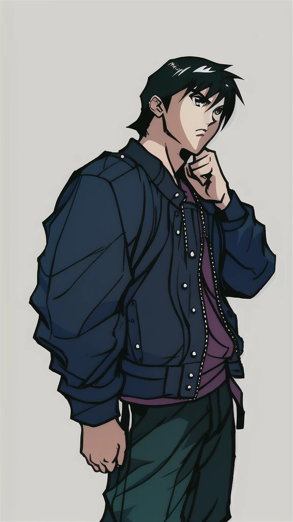 boy in a bomber jacket, detailed hands, aesthetic hands, perfect hands, black hair, minimalist design, clean lines, detailed figures, simple composition, Lineart, like fighting game artwork, tetsuya nomura art, kinu nishimura art,